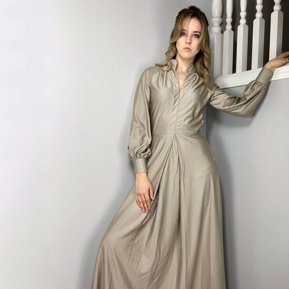 Vintage 70s Maxi Party Dress. Formal Modest Tan Long Puff Sleeve Gown. - Picture 3 of 9
